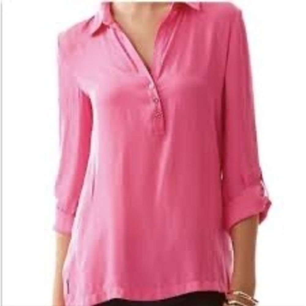 Lilly Pulitzer Pink 3/4 Sleeve Button Down‎ Tunic Top Blouse Size XS